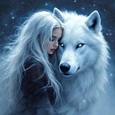 The primary subject of the image is a woman with long blonde hair, who is leaning her head on a large white wolf. The setting is a nighttime scene with a blue background, giving the image a serene and magical atmosphere. The visual style is a digital art or illustration, with the woman and wolf depicted in a detailed and realistic manner. The colors and mood of the image are predominantly blue, creating a sense of calmness and tranquility.